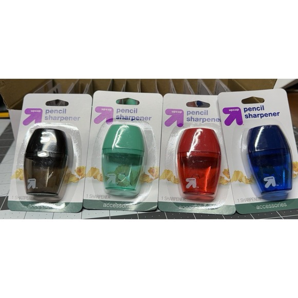 4 X Up&Up Pencil Sharpener, 1 Hole with Plastic Receptacle (Assorted Colors) NEW - Picture 1 of 3